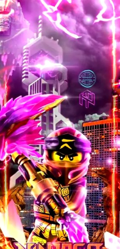 Epic ninja adventure with vibrant purple hues and mystical cityscape.