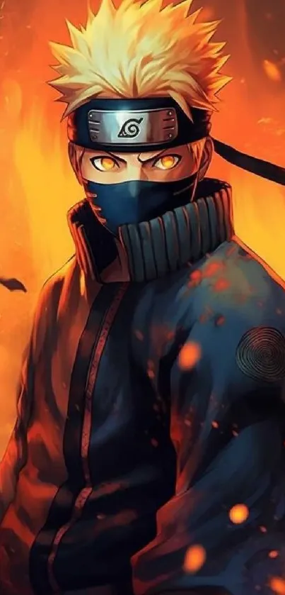 Epic anime ninja with fiery orange flames.