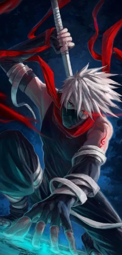 Epic anime ninja with red scarf, dark background.