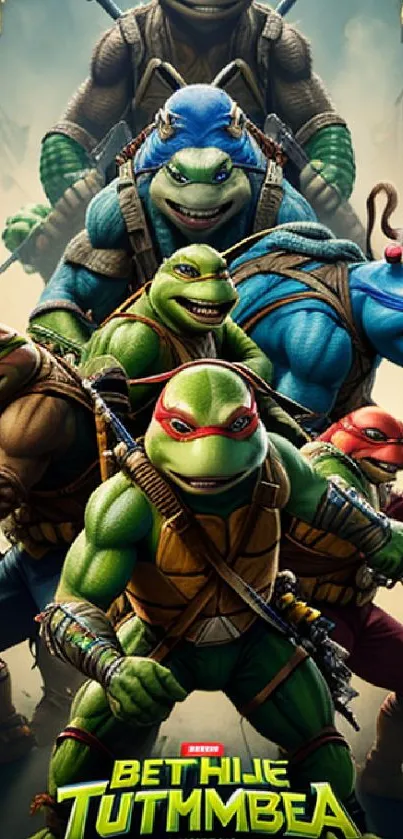 Animated Ninja Turtles in vibrant action poses.