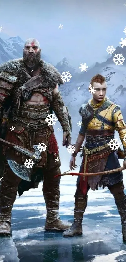 Two characters stand in icy, Norse landscape with weapons.