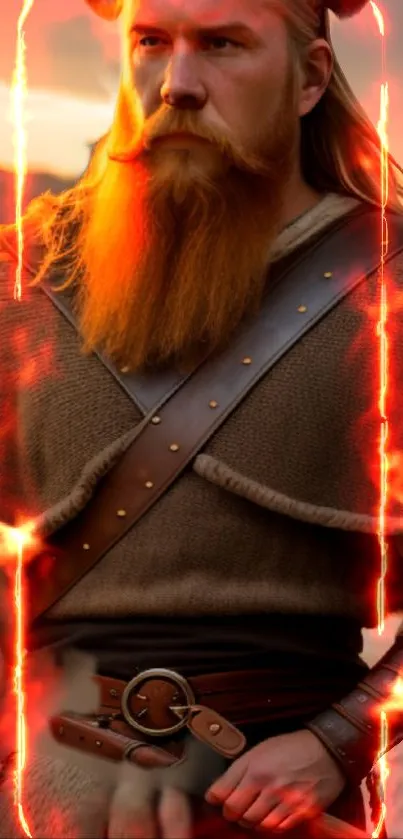 Fiery Norse warrior with orange glow in fantasy mobile wallpaper.