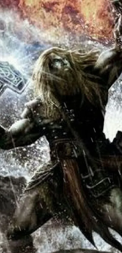 Epic Norse warrior in storm, holding a hammer.