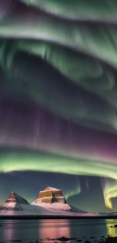 Northern Lights dance over snowy mountains under a starry sky.