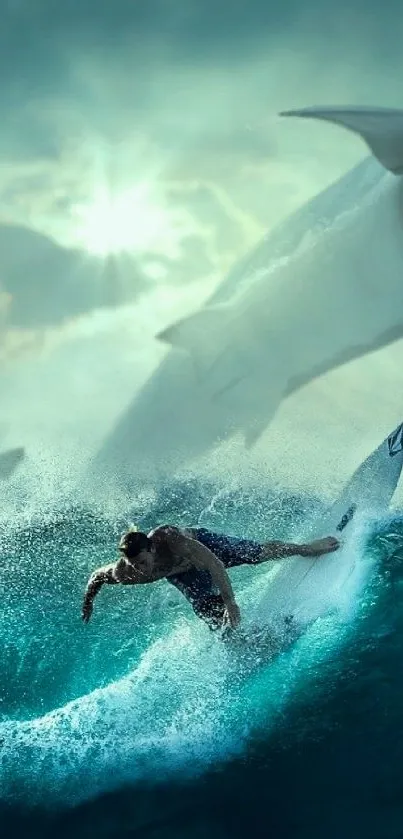 Surfer amidst giant sharks in dramatic ocean waves wallpaper.