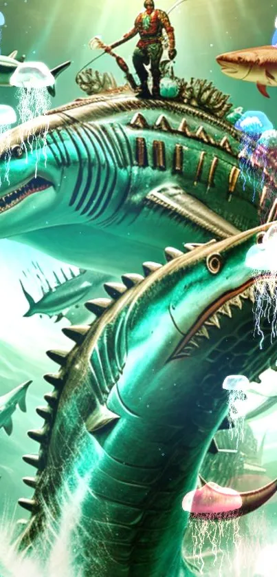 Epic ocean adventure wallpaper with sea creatures and hero.