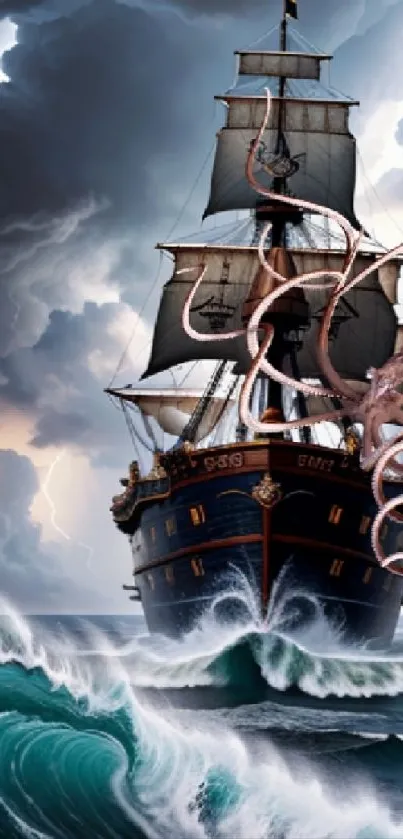 Sailing ship battles giant octopus in stormy seas.