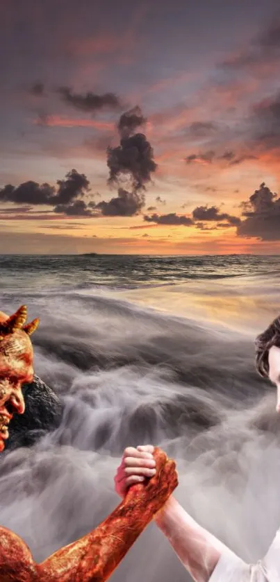 Epic arm wrestling scene over ocean at sunset, blending mythical themes and vibrant colors.