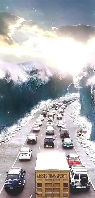 Ocean highway with towering waves and traffic.