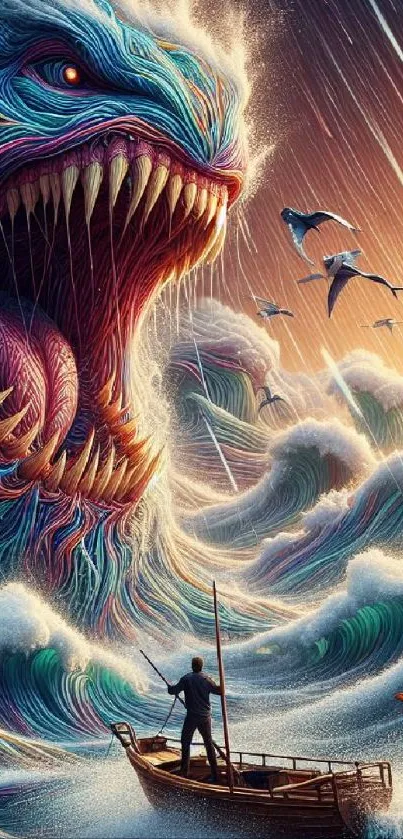 Vivid fantasy wallpaper with sea monster and waves.