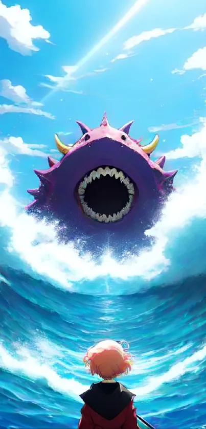 Anime-style ocean monster emerging from waves under bright sky.