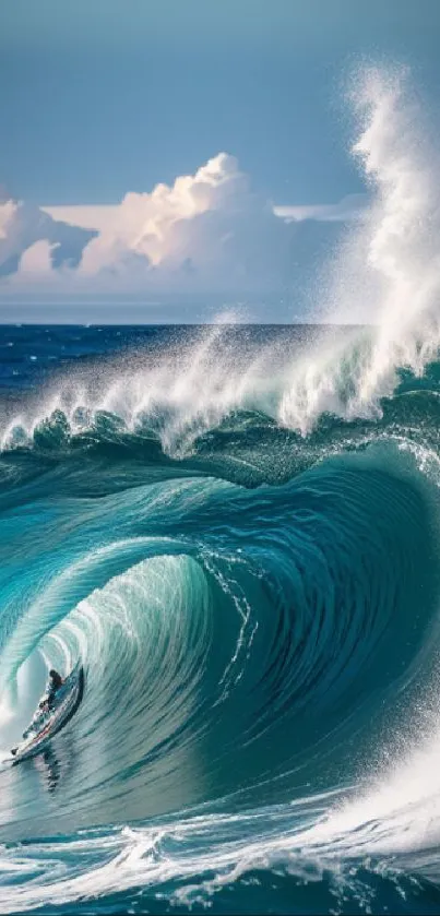 Person surfing a massive ocean wave with blue sea and sky background.