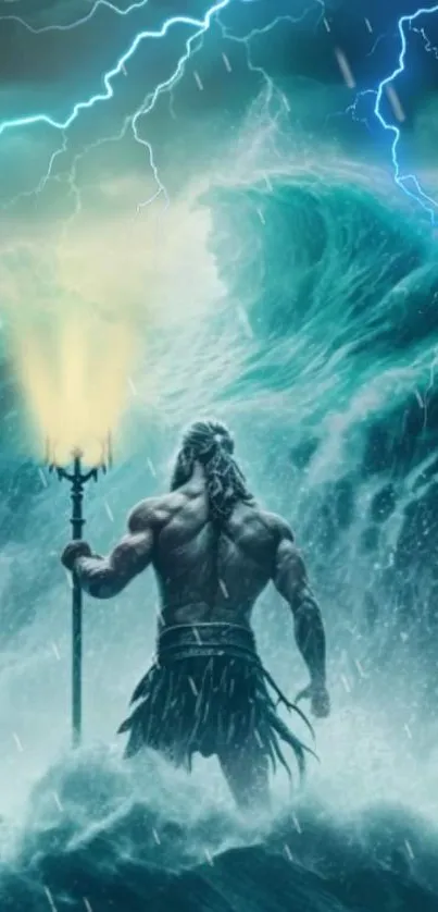 Epic ocean warrior stands amidst crashing waves and lightning.