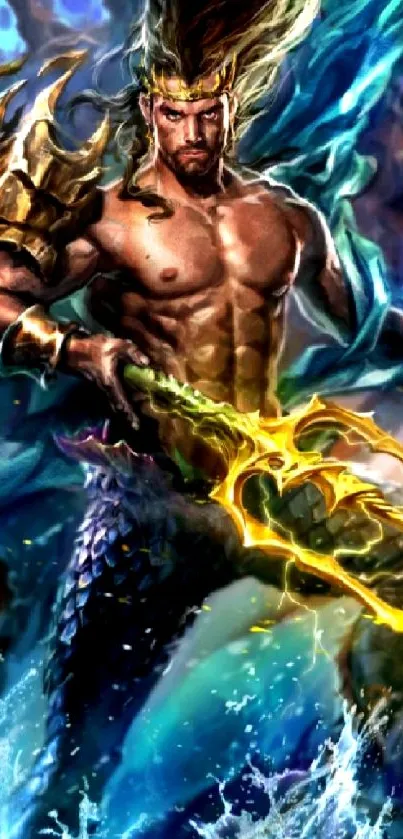 Epic ocean warrior with glowing trident surrounded by waves.