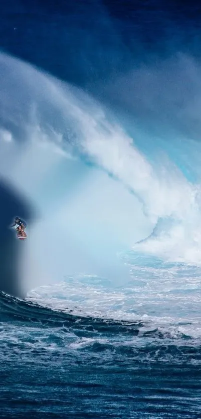 Surfer riding a massive ocean wave, set against a deep blue sea.