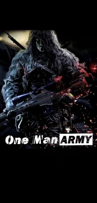 Lone warrior in tactical gear with 'One Man Army' text in dramatic setting.