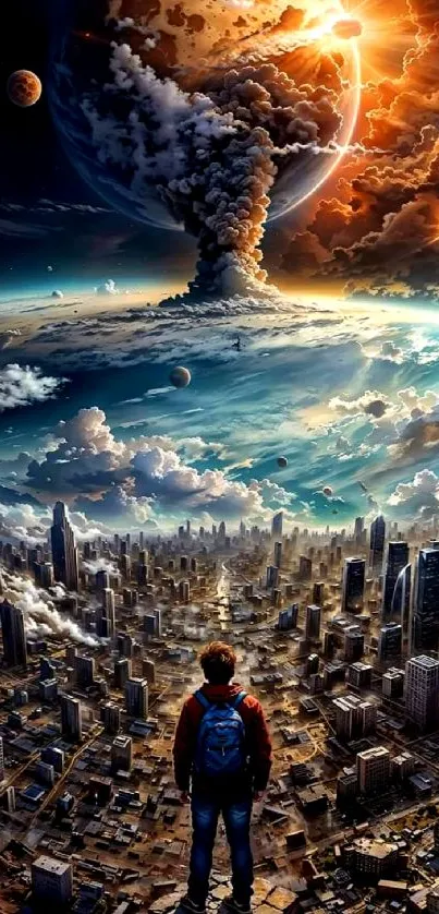 A person overlooks a dynamic outer space explosion above a futuristic cityscape.