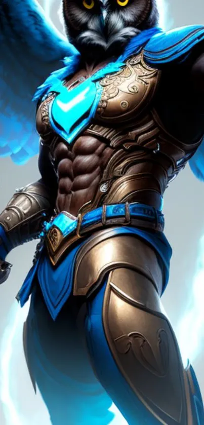 Epic owl warrior in blue armor, holding a weapon, perfect as fantasy wallpaper.