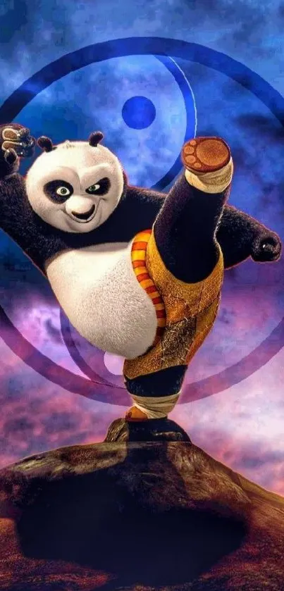 Animated panda executing a dynamic martial arts kick against a vibrant background.