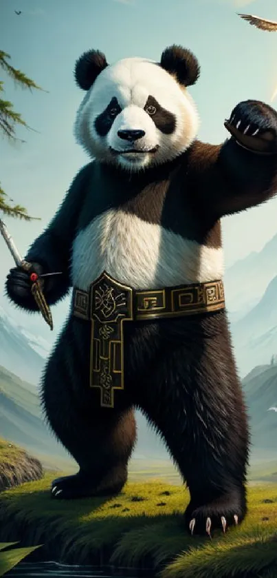 Epic panda warrior in lush mountain landscape wallpaper.