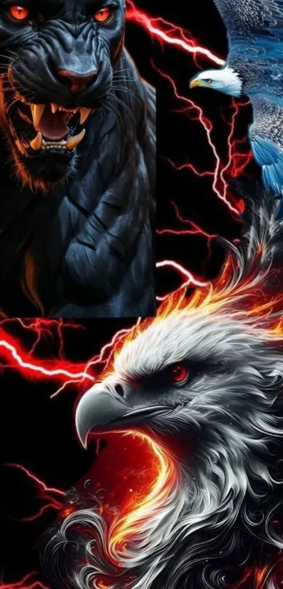 Fierce panther and majestic eagles with lightning effect wallpaper.