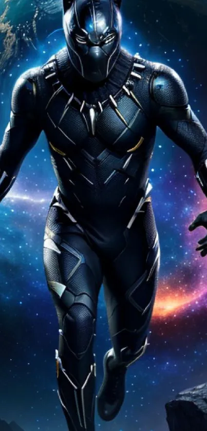 Black panther in a cosmic space setting with vibrant colors.