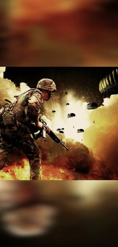 Paratrooper in action amidst fiery sky and descending soldiers.