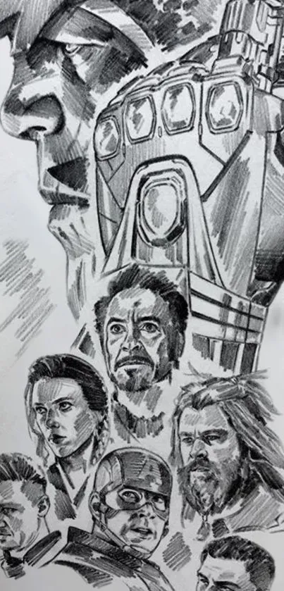 Intricate pencil sketch of iconic character montage on a mobile wallpaper.