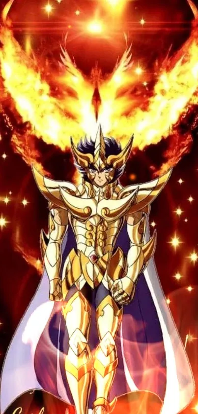 Epic golden armored warrior with phoenix wings in fiery backdrop.