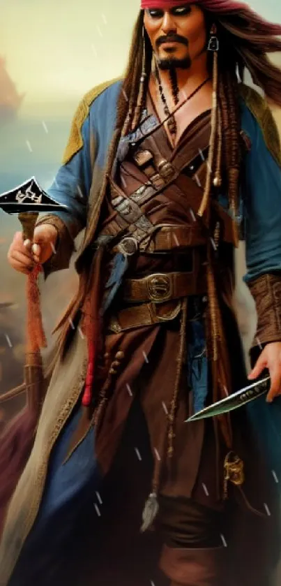 Pirate with sword and ship in background.