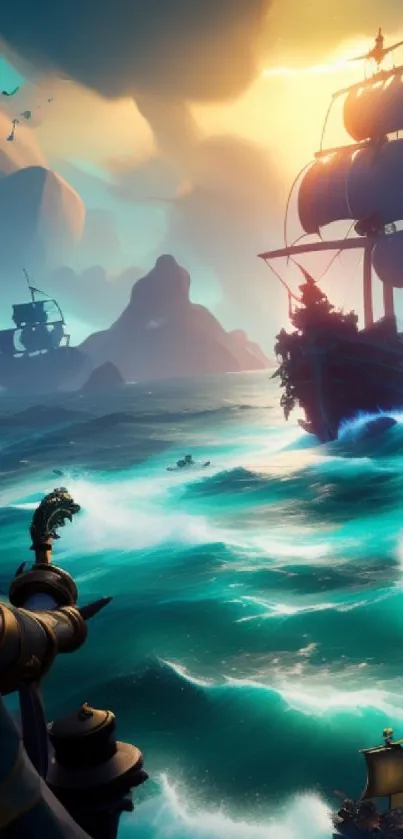 Epic pirate adventure with ships and ocean waves in sunset glow.