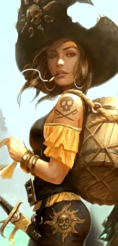 Pirate woman with map and barrel in fantasy art.