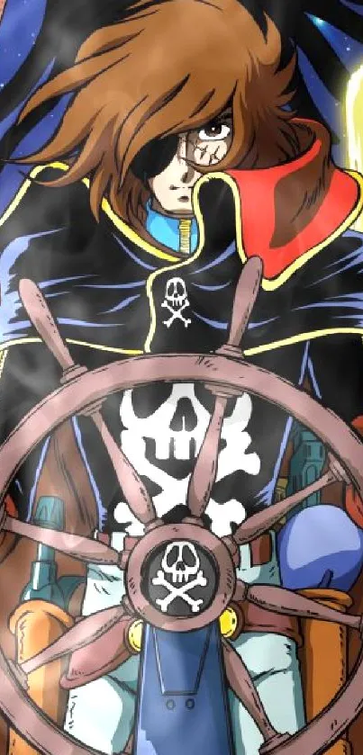 Anime pirate character steering a ship with a bold, dark blue backdrop.