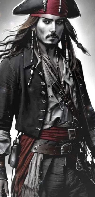 Epic pirate hero in black and red attire standing confidently on dark background.