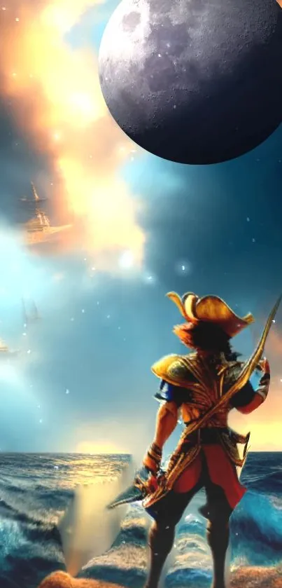 Pirate stares at moonlit ocean with ships in the sky.