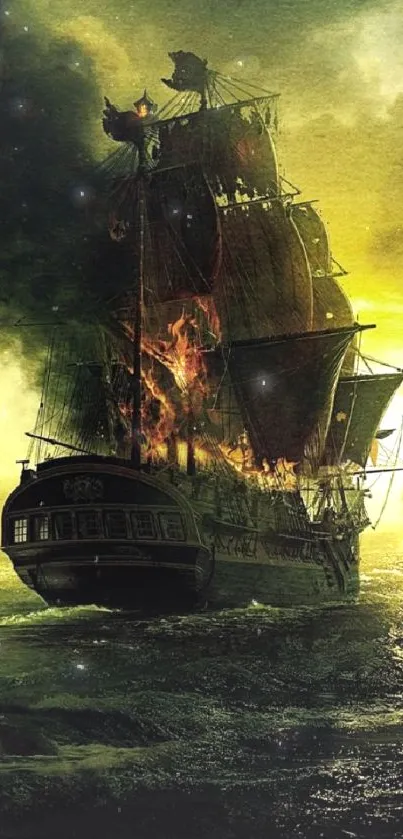 Epic pirate ship on fiery, stormy sea with golden sky.