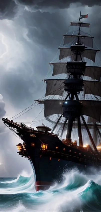 Pirate ship braving stormy seas under dramatic skies.