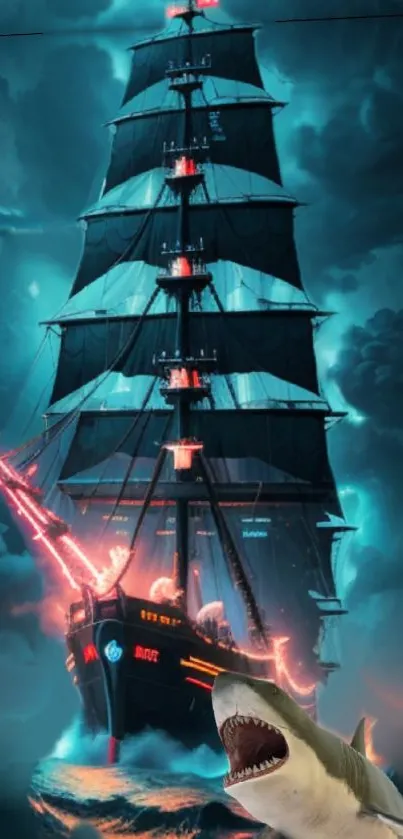 Epic pirate ship sails with shark in stormy ocean wallpaper.