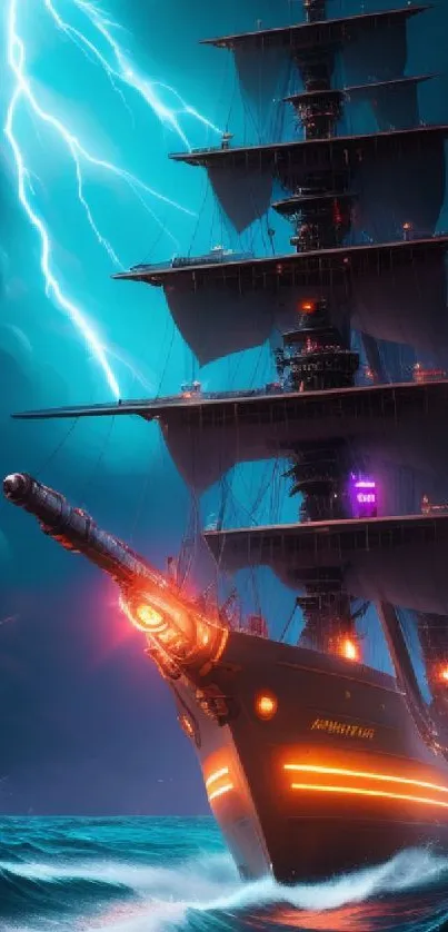 Epic pirate ship with lightning on stormy seas.