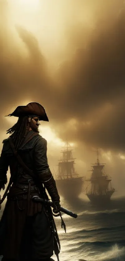 A majestic pirate overlooks stormy seas with two ships in the distance.