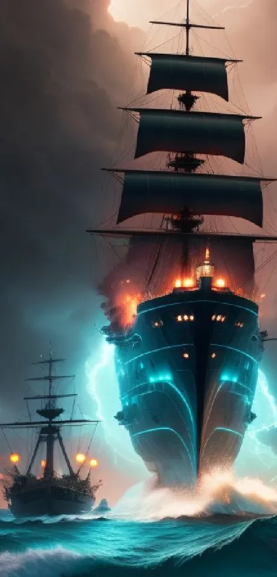 Epic pirate ship sailing through stormy seas with lightning in the background.