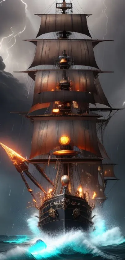 Epic pirate ship in stormy sea with lightning.