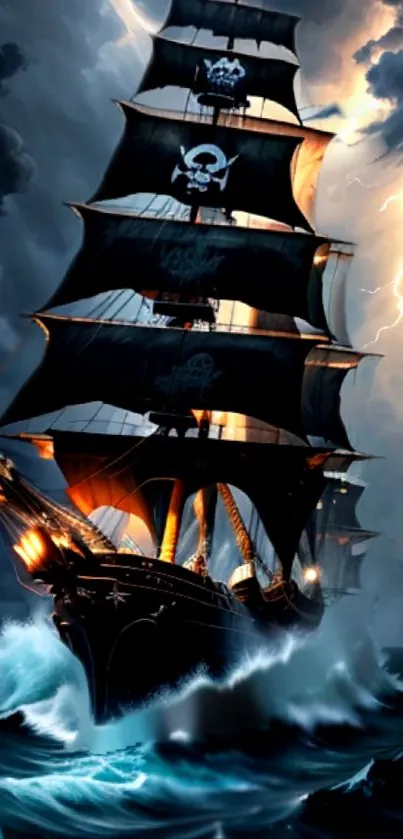 Epic pirate ship on stormy seas, dramatic sky.