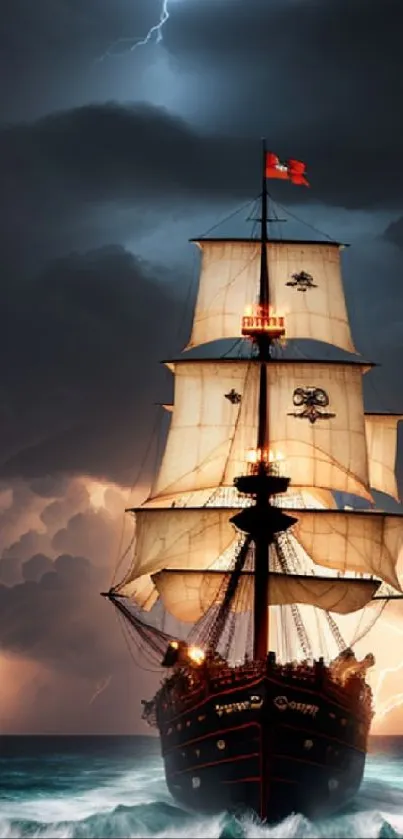 Pirate ship on stormy sea with lightning in dramatic sky.