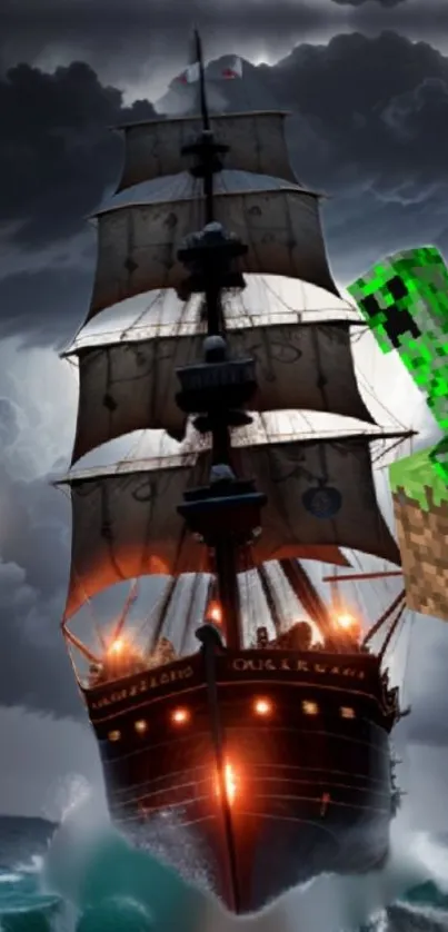 Pirate ship battling ocean storm with pixel creature.