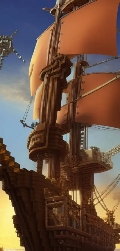 Wooden pirate ship sailing under orange sails and blue sky in digital artwork.