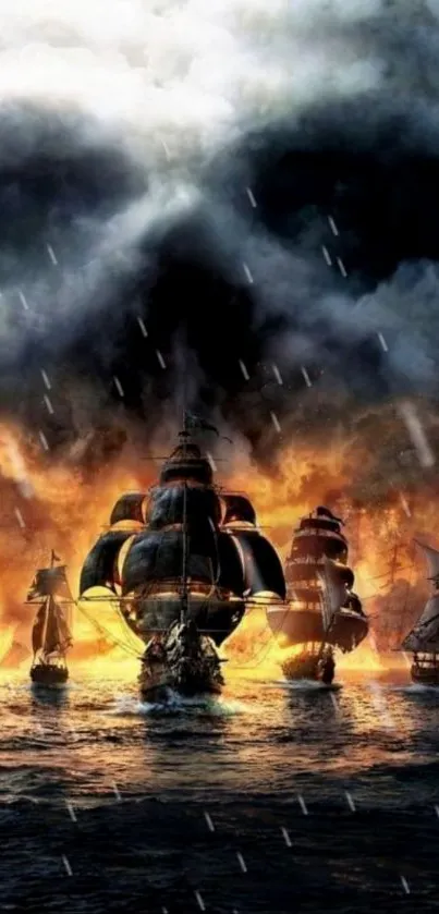 Pirate ships sail under a fiery, stormy sky on the ocean.