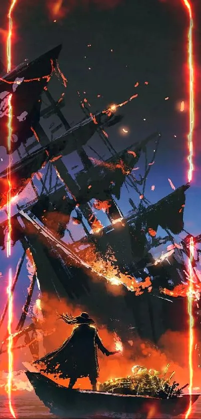 Epic pirate ship with fiery flames at sea.