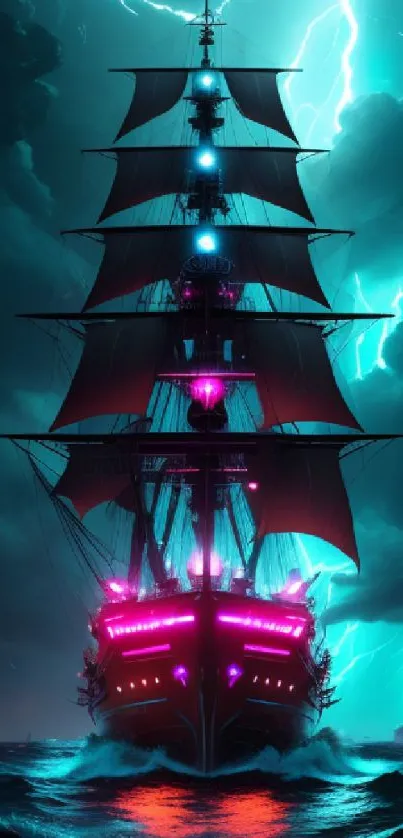 Pirate ship with bright lights in a stormy sea under lightning.