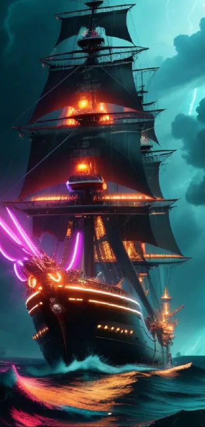 Dark pirate ship sailing in stormy seas with neon lights.